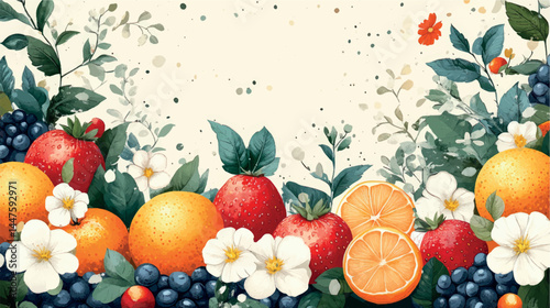 Fruits and berries illustration template with empty space for text. Fruit background art cover for juice and baby food. Fruits, berries and citruses stylized illustration.
