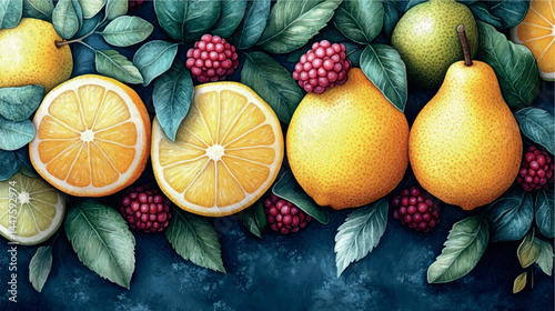 Bright illustration of fruits, citruses and berries. Fruit cover, fruit print. Juicy fruits, berries and citrus fruits stylized illustration ornament.	