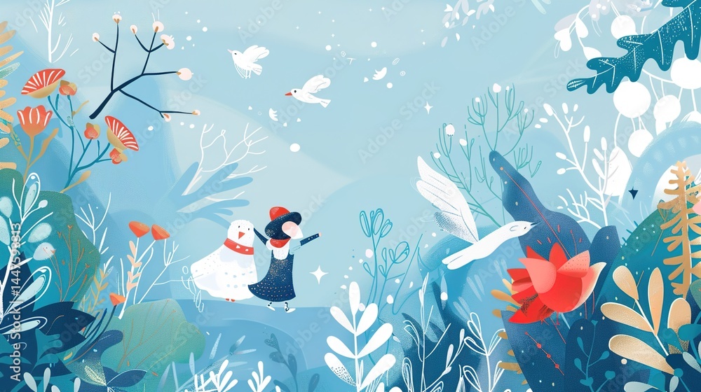 Obraz premium Light Blue Children's Illustration Fairy Tale Background: A Dreamy Canvas of Enchantment and Whimsy