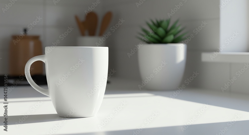 Fototapeta premium White Mug on Kitchen Counter with Plant Decoration