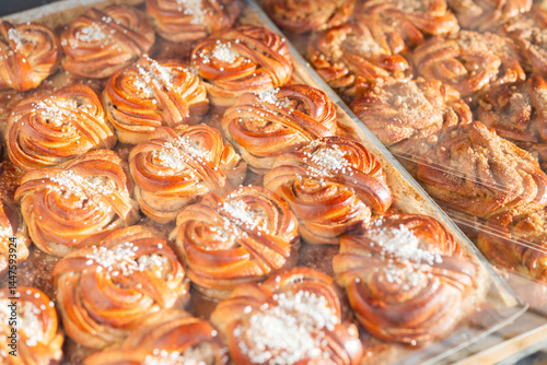 Swedish kanelbulle national cinnamon pastry in Stockholm on display at a coffee shop