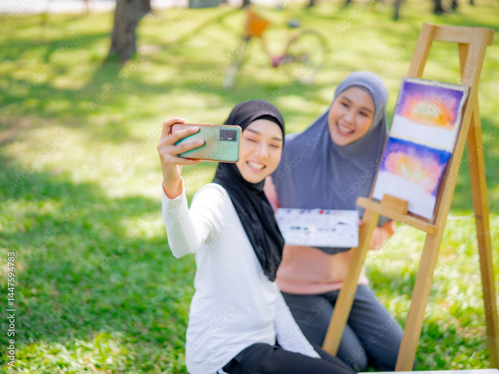 Obraz premium Two young Muslim women in hijabs taking a cheerful selfie together while painting outdoors, enjoying creativity, friendship, and fun in a sunny park.