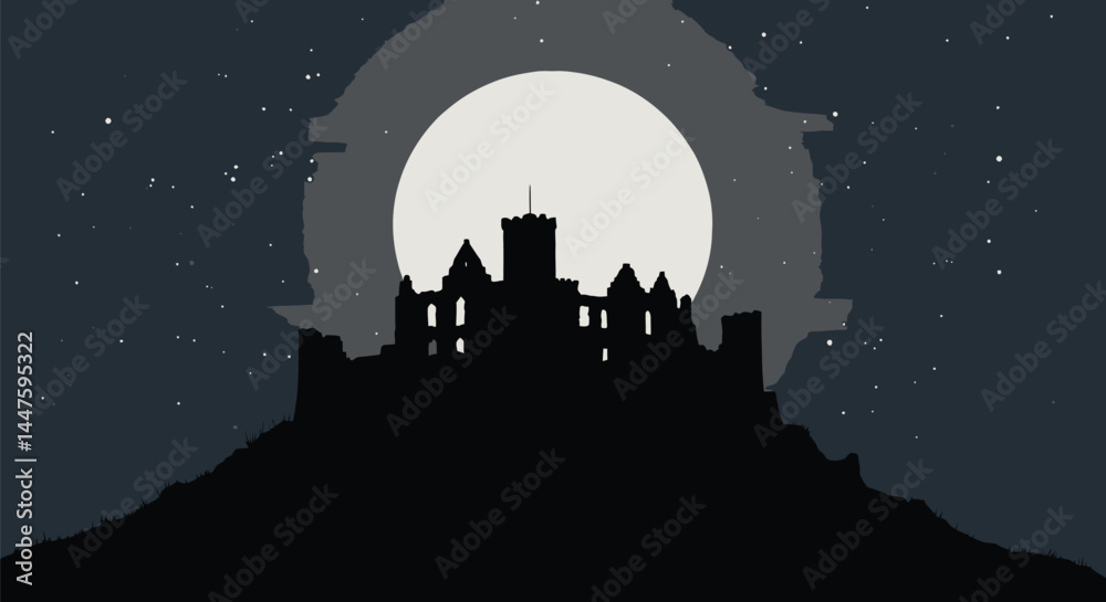 Fototapeta premium Medieval Castle Ruins Silhouette Full Moon