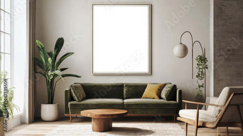Fototapeta Naklejka Na Ścianę i Meble -  3D illustration mockup photo frame on the wall over sofa with cushion in midcentury living room, decorated with houseplant and sunlight from window, rendering
