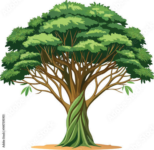 Lush Green Tree: An Illustration of a large tree with leafy green branches and a thick trunk. It is an example of nature's beauty and resilience, embodying the natural world.
