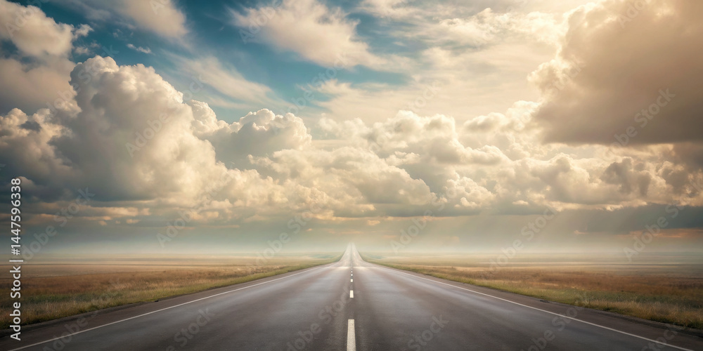 Fototapeta premium Endless road vanishing into horizon under dramatic cloudy sky, creating surreal and peaceful travel concept with vast open fields on both sides
