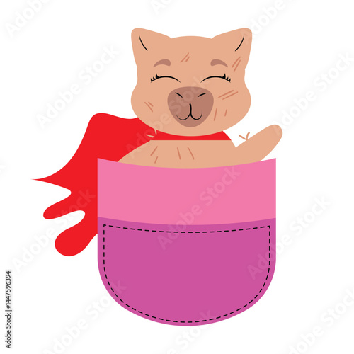 Brave capybara in pocket with flowing red cape Adorable rodent superhero waving from pouch Sweet animal ready for action in a pocket Cute pet embodying courage graphic