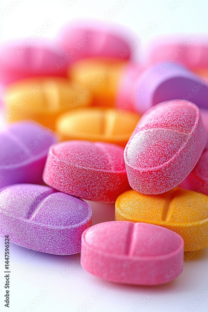 Colorful closeup of vibrant candy-coated pills on white background