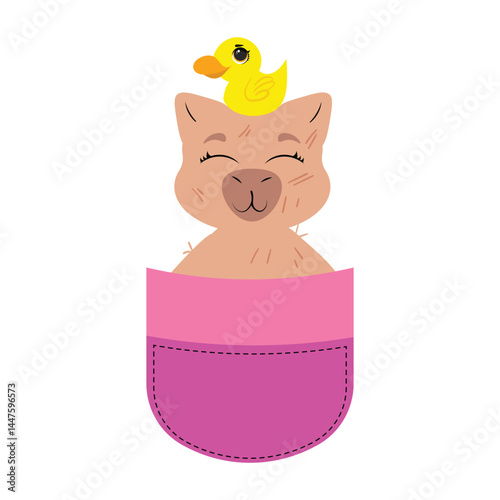 Contented capybara in pocket with rubber duck Adorable rodent in pouch with bath toy Sweet animal in a pocket with duckling Cute pet enjoying playtime graphic