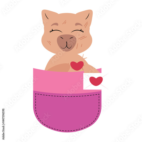 Adorable capybara in pocket sending love Cute rodent with hearts and letter Sweet animal in pouch Valentine's Day graphic