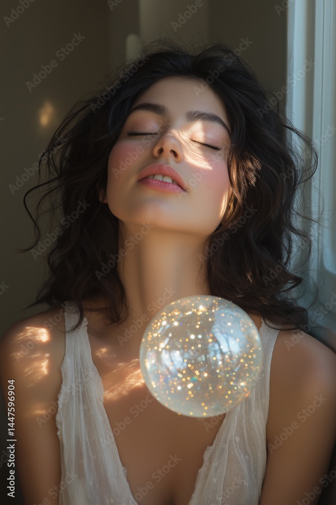 Dreamy woman with closed eyes and glowing orb in ethereal light