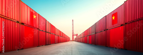 Vietnamese export, shipping containers displaying national flag in port terminal