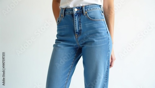 Classic straight-leg jeans, crisp white backdrop, texture, bootcut jeans, apparel