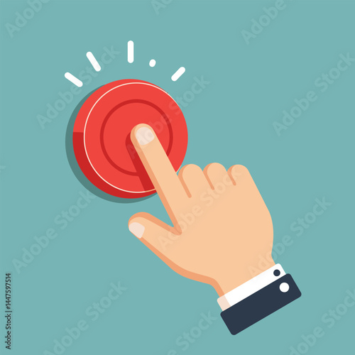 Hand pressing the red button. Flat design style