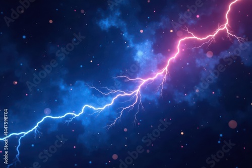 Electric blue lightning streaks across a dark void, glowing orbs radiate energy , light, space, electricity