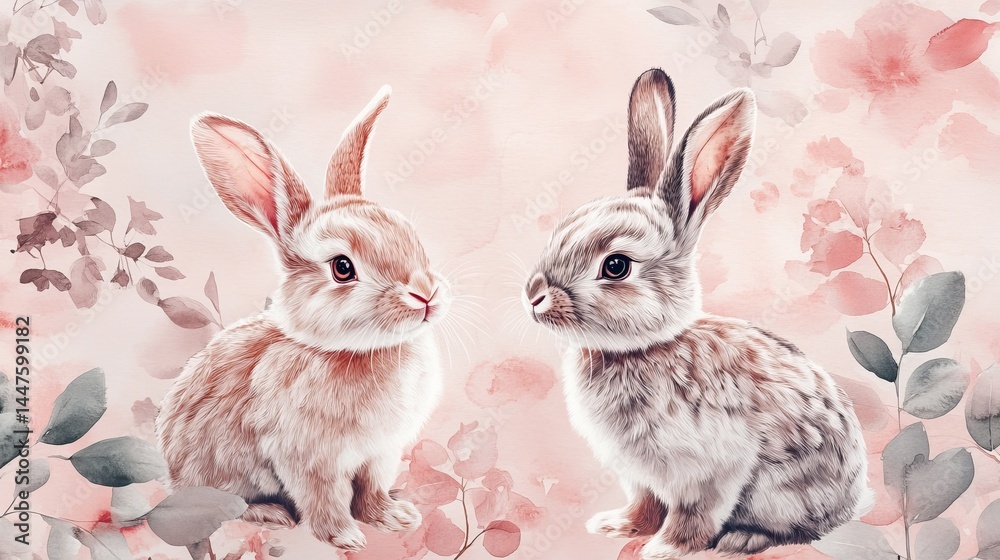 Two Playful Rabbits Resting on a Tree Branch Surrounded by Lush Green Foliage in a Peaceful Setting Two Playful Rabbits Resting on a Tree Branch Surrounded by Lush Green Foliage in a Peaceful Setting