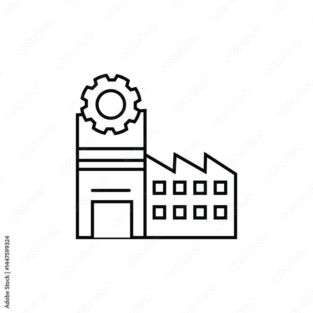 Obraz premium Minimalist black-and-white line icon of a factory or industrial building with a gear symbol, ideal for use in business, engineering, and manufacturing graphics.