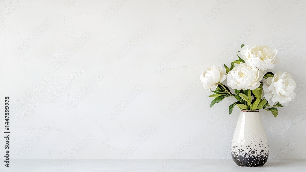 Fototapeta premium Elegant White Peonies in Modern Vase Against Textured Wall white peonies floral arrangement elegant