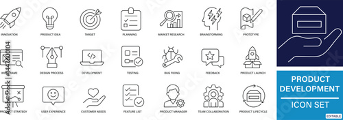 Flat vector icons representing the stages of product development including idea generation, design, testing, and launch. Perfect for business, startups, and workflow illustrations.