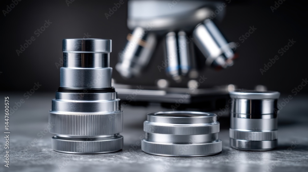 A set of microscope objective lenses of varying magnifications, arranged neatly - scientific detail shiny A set of microscope objective lenses of varying magnifications, arranged neatly - scientific detail shiny