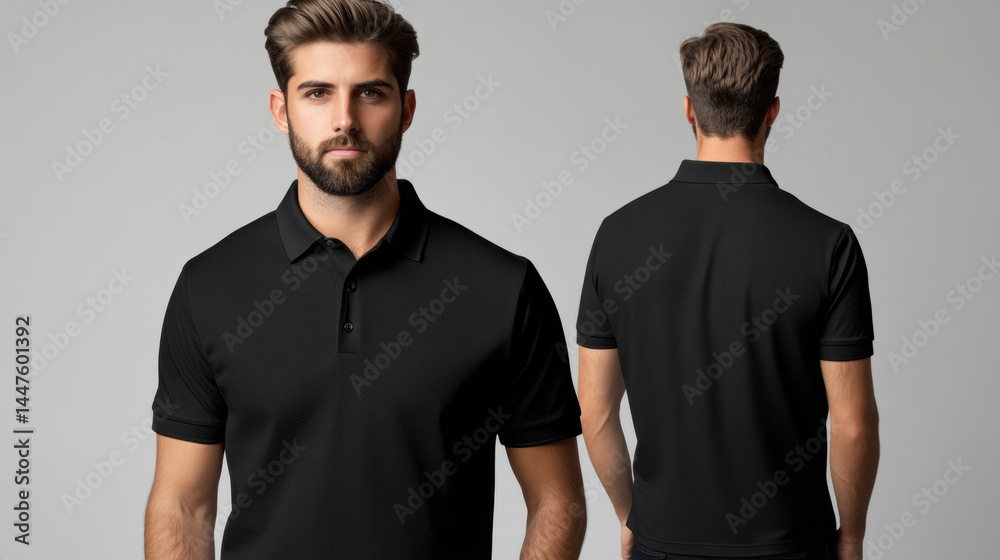 Front and rear look man model wearing black plain polo t shirt on white background.
Front and rear look man model wearing black plain polo t shirt on white background.