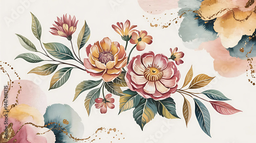 Beautiful floral illustration with pink and yellow flowers and green leaves
