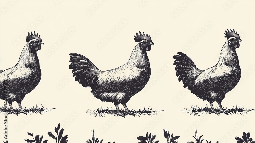 Fototapeta premium Three Chickens foraging on lush green grass under a clear blue sky highlighting rural tranquility