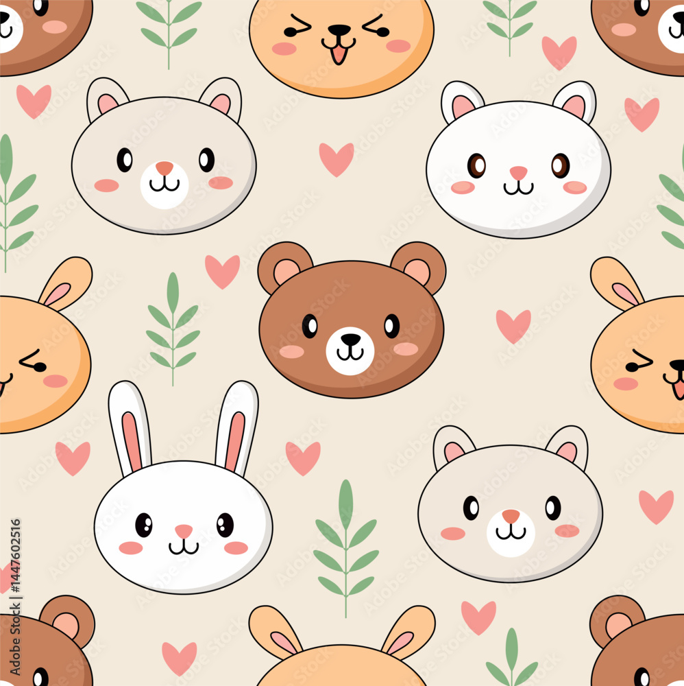 Kawaii Animal Pattern – Bear, Bunny, Cat Faces in Pastel Style Kawaii Animal Pattern – Bear, Bunny, Cat Faces in Pastel Style