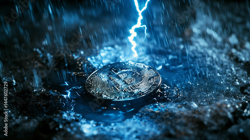 Bitcoin coin in rain with lightning strike, symbolizing cryptocurrency's volatility and resilience in challenging conditions