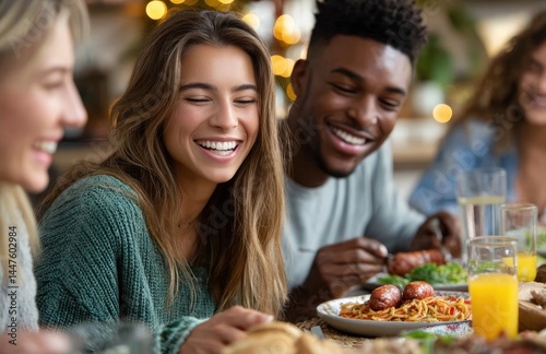 A group of friends having dinner at home, laughing and enjoying the food they made together. They have different in green grey blue black white colors.