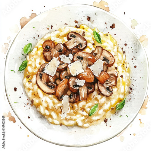 Risotto with mushrooms looks delicious, tempting with fresh herbs and cheese