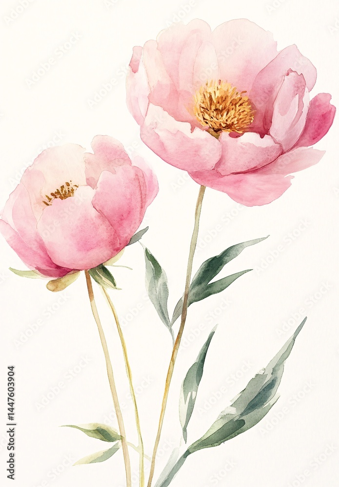 Obraz premium Elegant Two Pink Peonies in a Minimalist Style with Brush Stroke Details