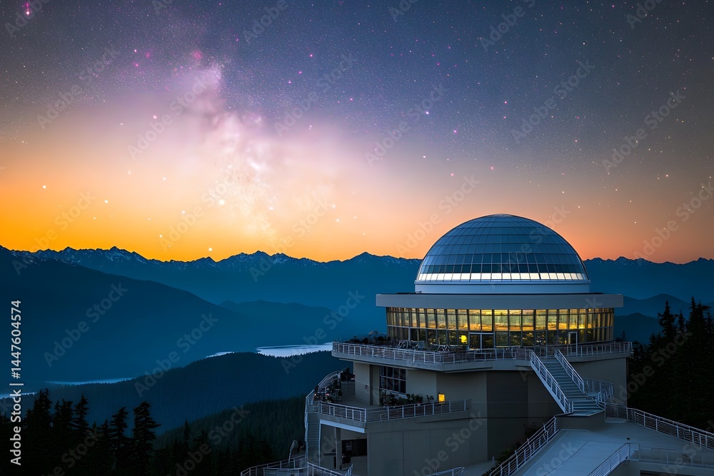 Obraz premium Majestic Mountain Observatory at Night Starry Sky and Panoramic View