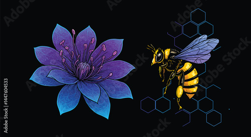 Geometric Bee Pollinating Hexagonal Flower