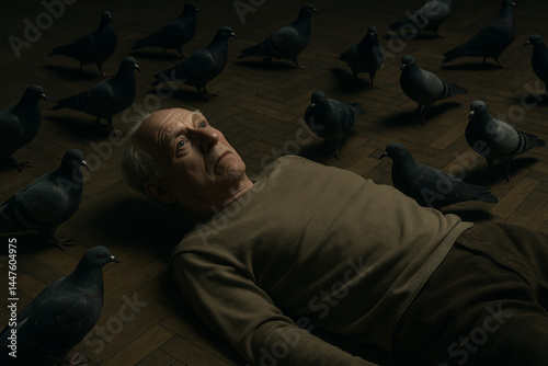 Elderly man lying passively on a dark floor, looking up, surrounded by a flock of numerous pigeons gathered closely around him. Surreal, moody scene.