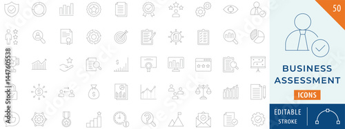 Business assessment icon collection set. Containing inspection, analysis, report, checking,survey, and more. Editable stroke.