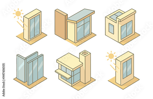 Passive solar design icons set – windows, walls, roofs, energy, efficiency, architecture, green