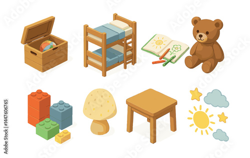 Cozy children's room icons set – toys, bed, crayons, bear, blocks, mushroom, table, sun