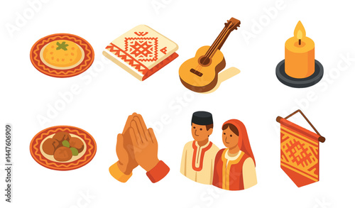 Cultural family welcome icons set – traditional food, instruments, family, decor, candle