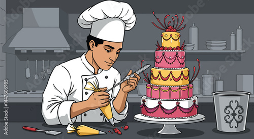 Pastry Chef Decorating Elaborate Cake - Vector Art