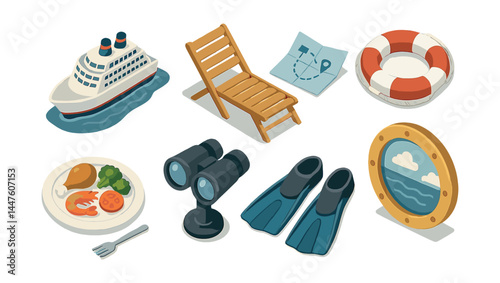 Cruise vacation essentials icons set – ship, chair, map, lifebuoy, meal, binoculars, flippers, porthole