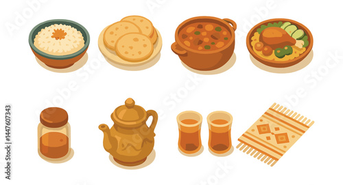 Cultural family meal icons set – rice, bread, stew, tea, spice, kettle, meal, mat