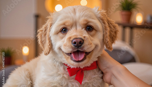 Happy dog with red bow smiling indoors