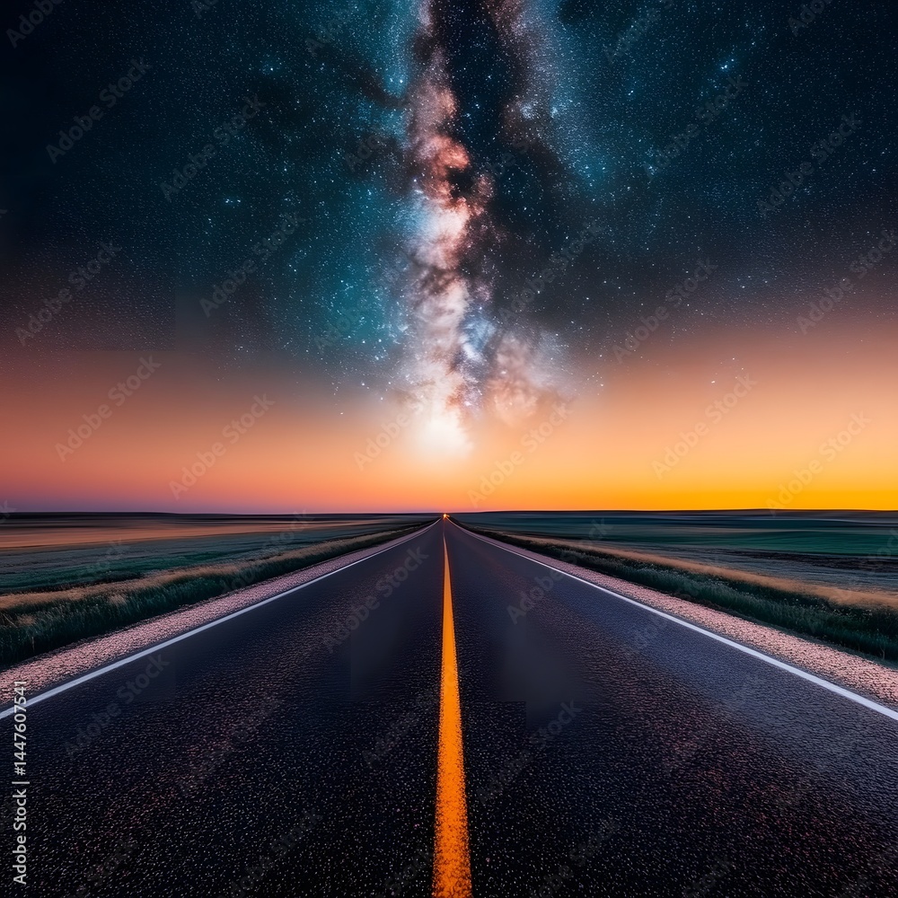 Naklejka premium Majestic Milky Way Galaxy Over Asphalt Road at Sunset Endless Journey Towards the Horizon