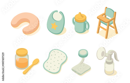 Feeding time essentials icons set – bib, bottle, chair, jar, spoon, pacifier, pump, cushion, blender, mat