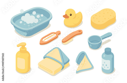 Bathtime essentials icons set – tub, duck, sponge, shampoo, soap, towel, brush, scoop, thermometer
