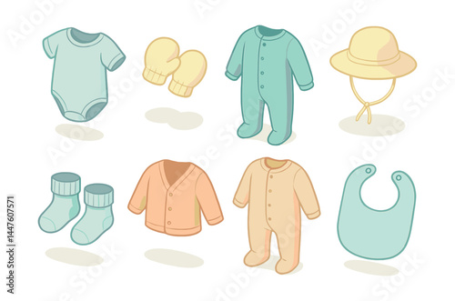 Baby clothing icons set – onesie, mittens, romper, beanie, socks, cardigan, bib