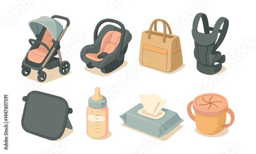 Baby travel essentials icons set – stroller, car seat, bag, carrier, blanket, bottle, wipes, cup