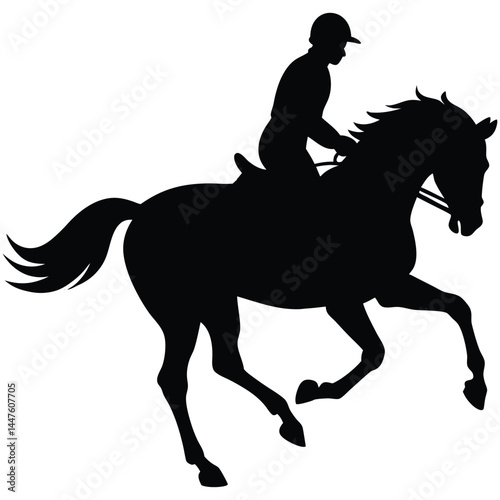 A black silhouette of a rider on a horse, with both in motion, capturing the elegance and energy of equestrian sport