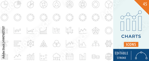 Chart icon collection set. Containing Graph, finance report, income growth, economy statistic, and more. Editable stroke.